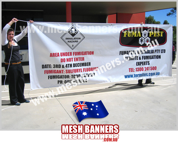 Building site and large plant facilities need notification of commercial spraying, pest fumigation and poisioning. This banner sign tied to the main gate entry explains dangerous notice. Mandatory Color and Emblem used.