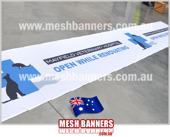 This flexible printed sign works well for renovation and upgrading hospital signage, vets, aged care etc. The banner ties to the temp fence hire panels.