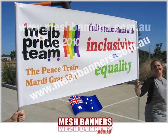 This banne is made to walk in front of the melbourne pride peace train mardi gras, looks good.