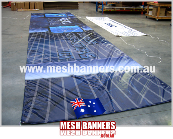 Large size outdoor banners and custom size printing of sign banners, here the banner is drying